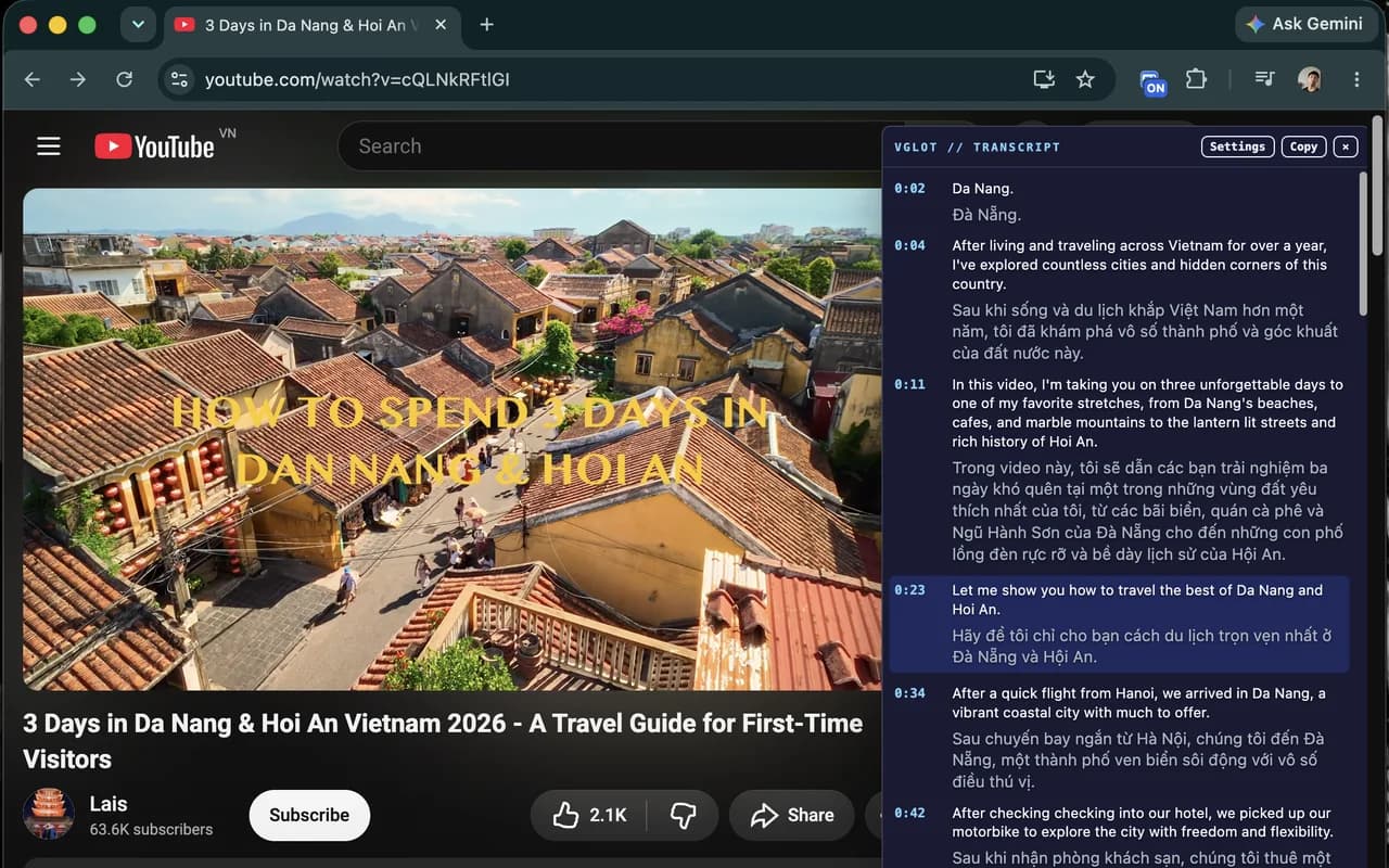 VGLOT bilingual transcript beside a YouTube video, with original captions, Vietnamese translation, and the current line highlighted